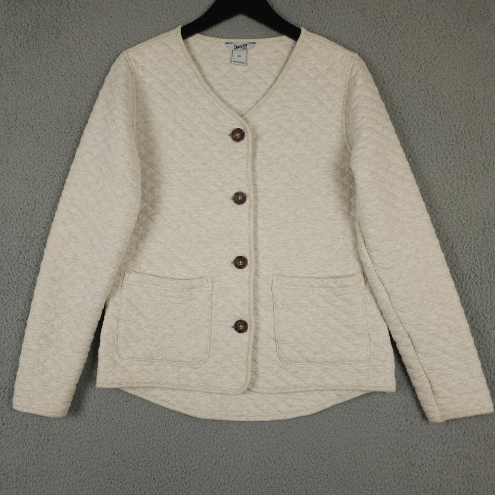 Duluth Jacket Womens XS Oatmeal Beige Quilted Chore Coat Shirttail Hem Button Up